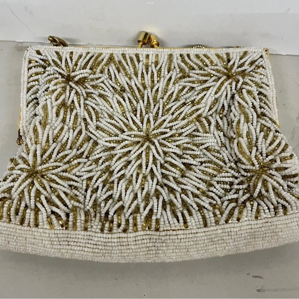 Vintage French handmade White Beaded Clutch with Gold Floral Burst - Picture 3 of 9